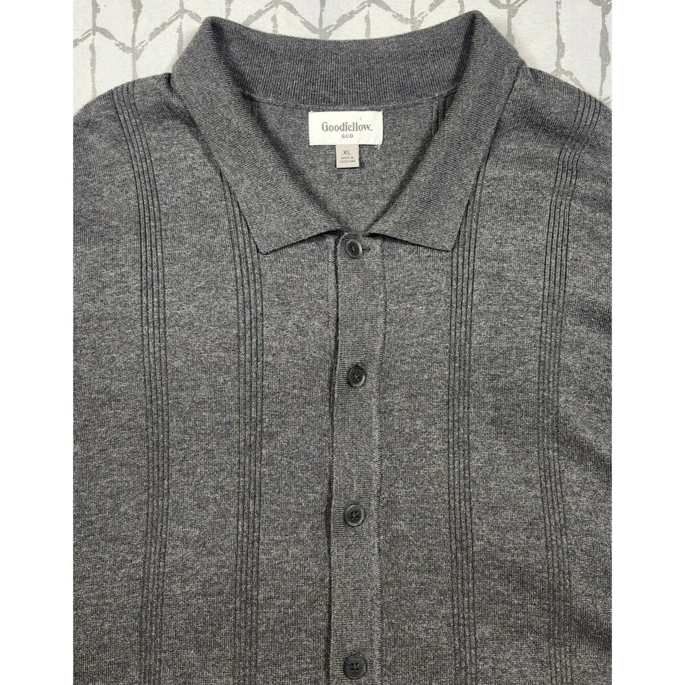 Short Sleeve Button Up Sweater Polo Shirt XL Dark Gray Charcoal Cotton Casual